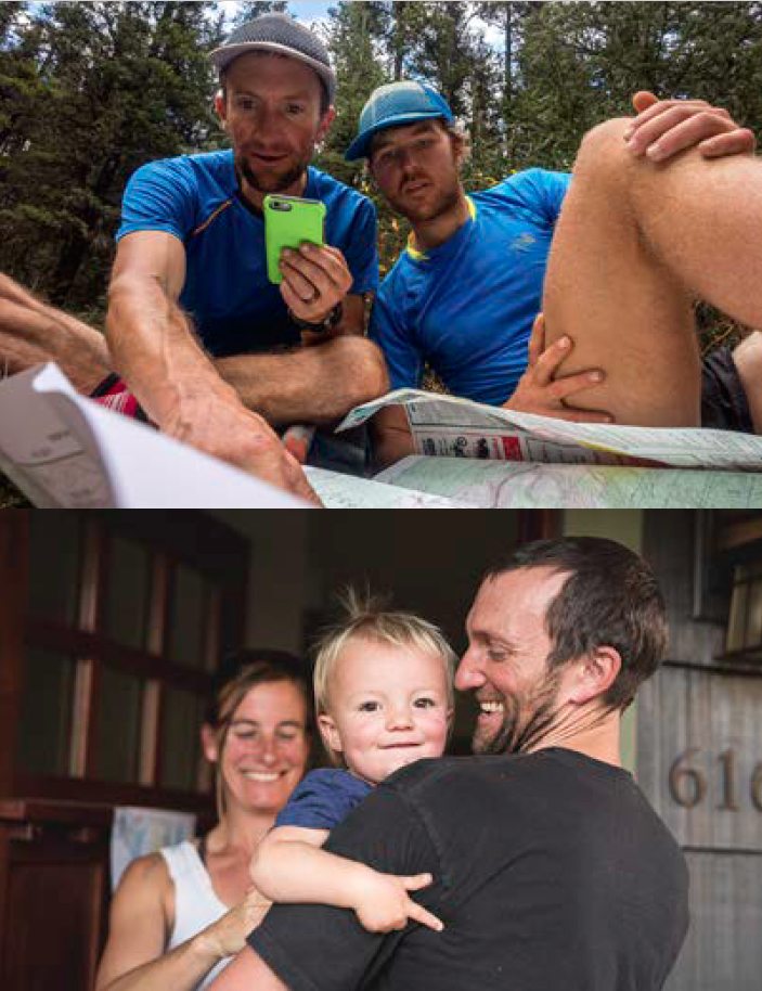 Above: Wolfe and Foote looking for a reasonable route down to Oldman River, near Fort Macleod, Alberta. Below: Mike Wolfe reunited with his family in Missoula, Montana, after a 24-day run through the Rocky Mountains.