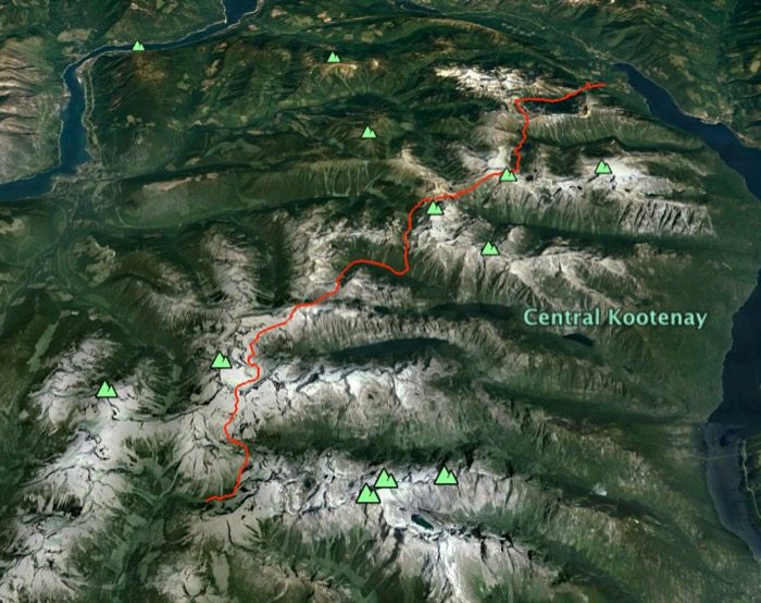 The trio's route through the Valhalla Provincial Park.