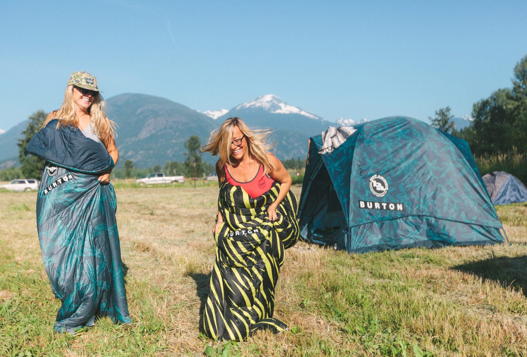 2 women in sleeping bags at Burton CampOn event